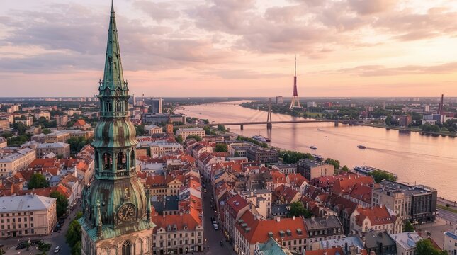 The cityscape of Riga featuring the historic St. Peter's Cathedral and the tall TV tower.