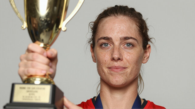 Woman holding award trophy after winning competition indoors