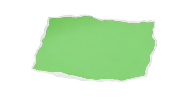 Green torn paper scrap with rough edges isolated on transparent background