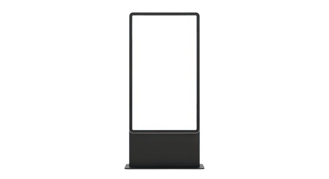 Black digital signage kiosk with blank vertical display isolated on transparent background