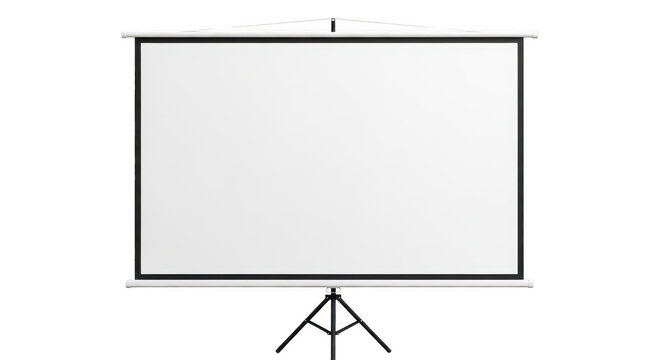Blank projection screen on a metal tripod stand isolated on transparent background
