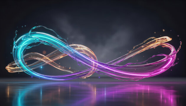 Swirling streams of vibrant liquid light create a dynamic, glowing abstract energy flow against a dark, reflective background.