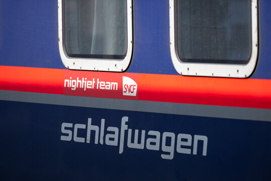 Nightjet sleeping car at Brussels-North railway station.