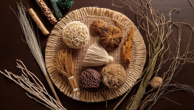 Organic Mycelium And Raffia Textures Arranged With Dried Botanicals