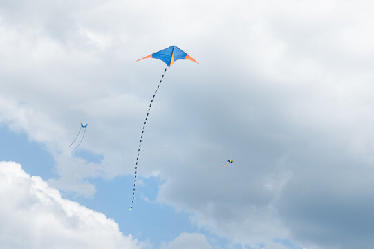 Three kites flying in the sky on a cloudy day