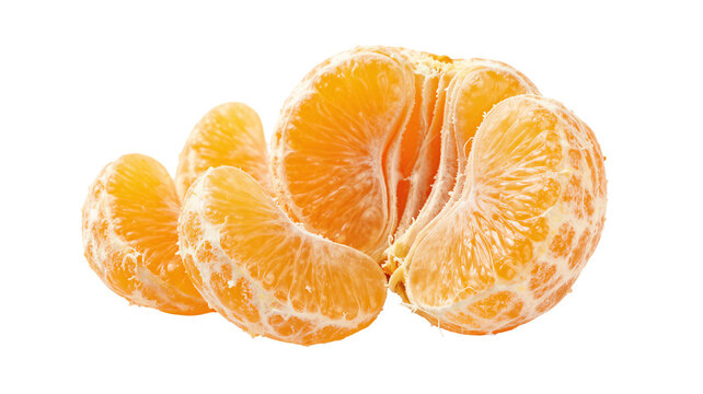 Fresh peeled mandarin segments isolated on a white background, sweet citrus fruit slices