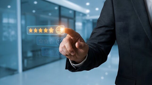 Businessman interacting with a virtual five star rating system for customer service evaluation