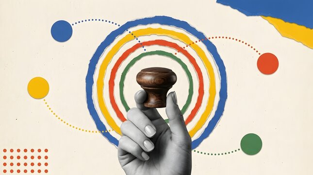 Hand Holding Vintage Door Knob with Colorful Concentric Circles Collage Background for Choice Decision