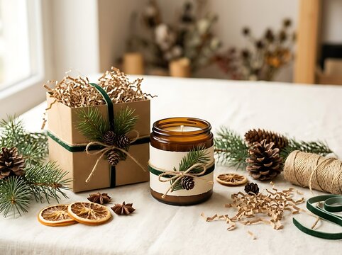 Christmas scented candle jar and rustic gift box decorated with dried oranges pine cones and green velvet ribbon christmas decoration seasonal handmade presents packaging wintertime background