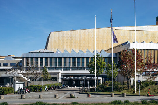 Berlin, Germany - April 23, 2026: Exterior view of the Berlin State Library (Staatsbibliothek zu Berlin) at the Kulturforum, adjacent to the Berliner Philharmonie.
