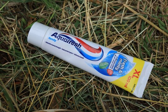 LVIV, UKRAINE - July 03, 2026: Toothpaste Aquafresh tube on grass in a park during day