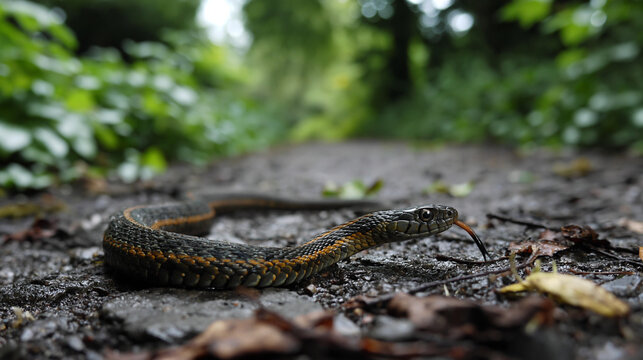 Snake slithering across park path on wet ground