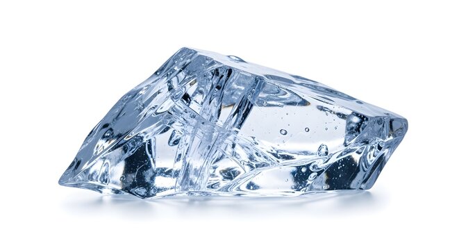 A sharp, clear shard of broken glacier ice, isolated on white.