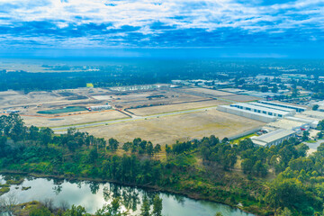 Obraz premium Drone aerial photograph of a large industrial construction site in The Nepean Business Park precinct in the Greater Western Sydney town of Penrith in New South Wales, Australia