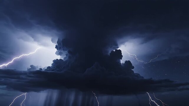 Powerful Supercell Thunderstorm Over the Night Horizon with Intense Electric Lightning Strikes and Heavy Rain Fall