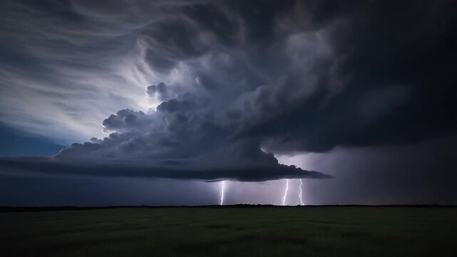 Epic cinematic thunderstorm electrifying a vast, dark landscape with multiple powerful lightning strikes under a dramatic supercell cloud formation, showcasing nature's raw and breathtaking power