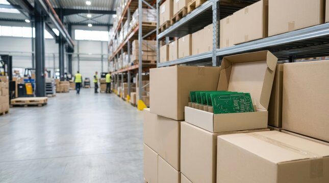 Blank circuit boards packaged in cardboard boxes in warehouse logistics center