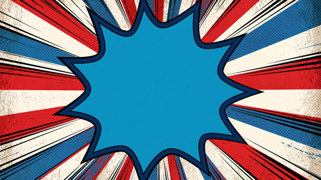 A vintage comic style explosion background with red white and blue sunburst rays. Ideal for action graphic designs and.