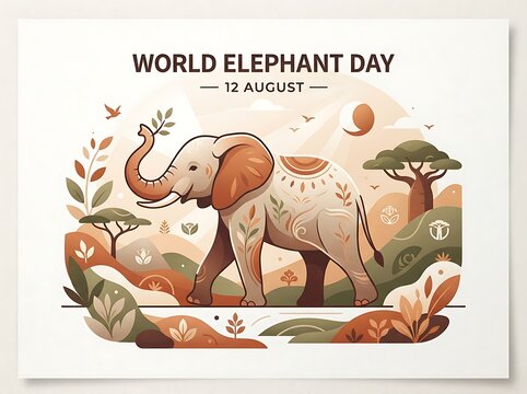 World elephant day illustration with african savanna scenery