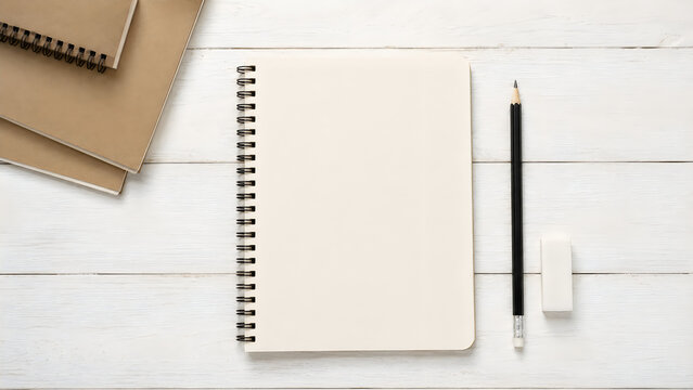 Minimalist spiral notebook mockup, blank paper notepad with pencil and eraser, clean workspace stationery on white wooden table isolated on White Background ai