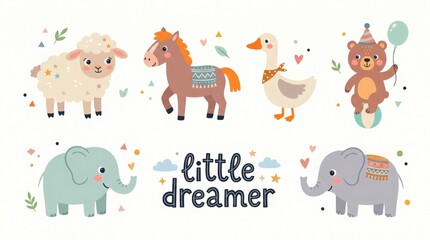 Obraz premium Cute cartoon animals with text little dreamer for kids