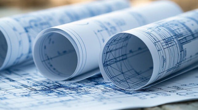 Architectural blueprints rolled up on a desk. Professional construction planning for engineering and design projects.