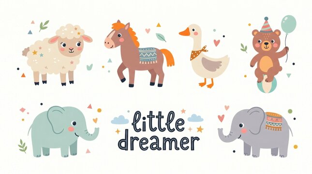 Cute cartoon animals with text little dreamer for kids