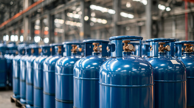 Rows of blue gas cylinders in a modern industrial warehouse. Concepts of fuel distribution and energy production supply.