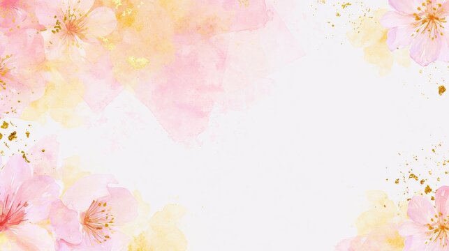 Growth themed soft pink watercolor cherry blossoms with golden splashes create elegant floral background for spring design