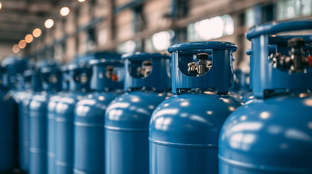 Rows of blue industrial gas cylinders in a warehouse. Represents energy supply and fuel storage solutions.