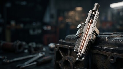 Fototapeta premium Detailed car spark plug cross-section revealing internal components in a dark industrial auto mechanic workshop, perfect for automotive engineering, repair, and technology backgrounds.