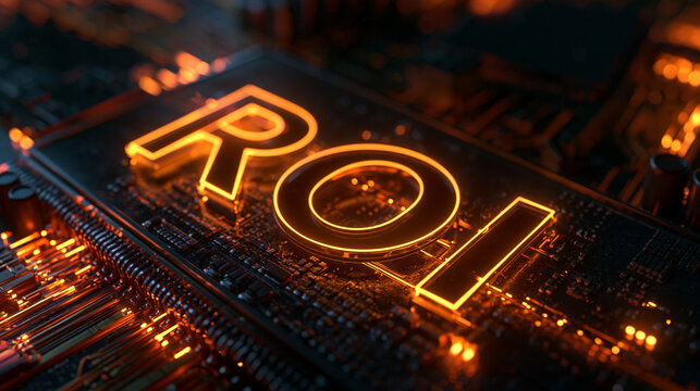 Neon glowing ROI letters on a complex computer circuit board. Business efficiency and technology investment concept.