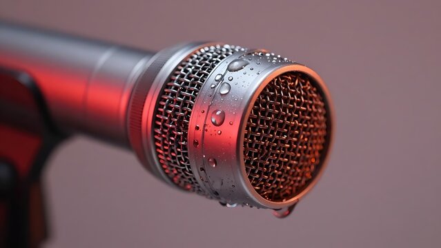 Microphone with Water Drops on Metal Mesh Grille, Music and Podcast Concept, Close-up Red Toned Studio Style for Audio Broadcasting and Event Design