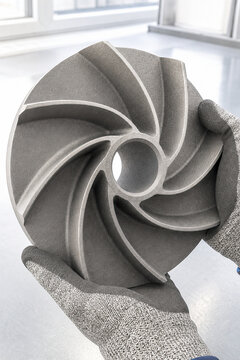 Worker holding sandblasted metal impeller after cleaning process. Industrial surface treatment of precision mechanical part. Engineering component manufacturing and metalworking industry.