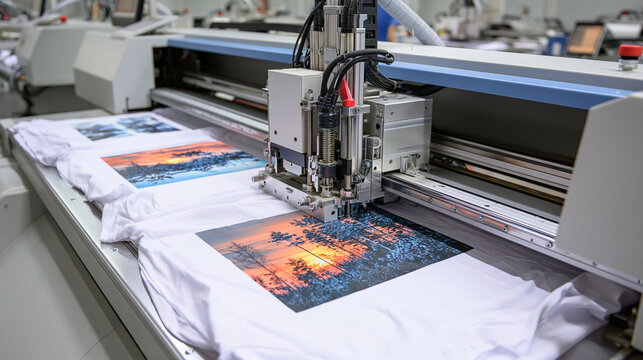 Industrial digital printer prints a sunset landscape on white t-shirts. Concept for custom apparel manufacturing.