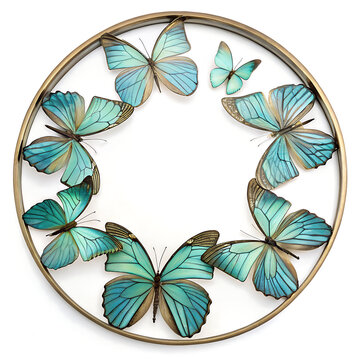 Decorative gold circular frame with blue butterflies on a white background