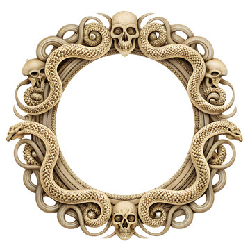 Intricate bone-carved circular frame featuring skulls and snakes.