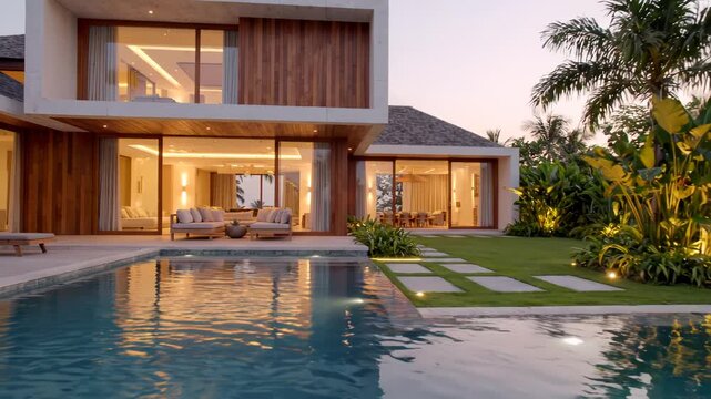 Modern Luxury Villa at Sunset with Infinity Pool and Tropical Garden