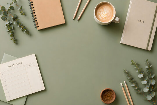 Minimalist workspace flat lay with notebooks and coffee, aesthetic sage green desk with eucalyptus and stationery, organic office supplies isolated on White Background ai