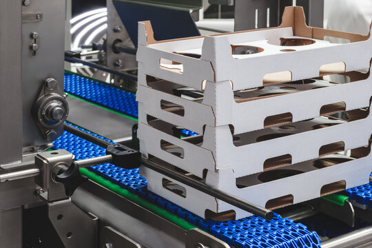 Stacks of white cardboard boxes move along  conveyor belt of modern packaging machine. tech industrial technology background