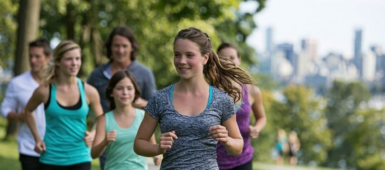 Fototapeta premium Family jogging together on tree - lined trail with city skyline in background