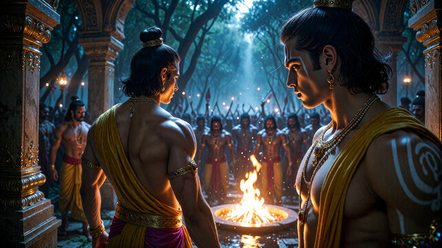 Ancient Indian Mythological Warriors Gathering Around a Ritual Fire