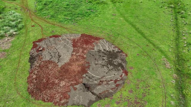 Aerial view of a muddy circular patch in a lush green field with a single cow standing near the edge, Kenya.
