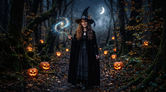 Witch stands in a dark autumn forest surrounded by glowing carved pumpkins during a magical night.
