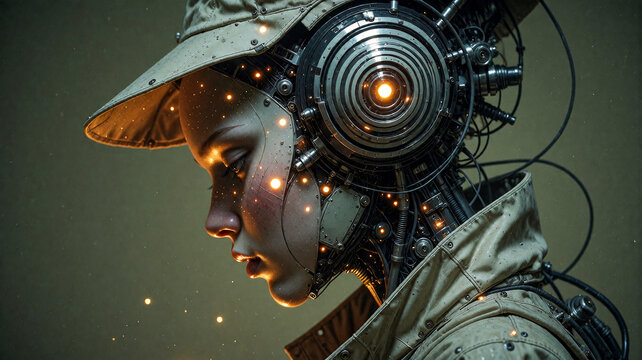 Cyborg Person in Utility Clothing with Mechanical Cybernetic Earpiece
