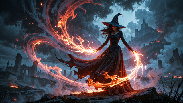 Dark Sorceress Conjuring Fire Magic Amidst Ruined Kingdom