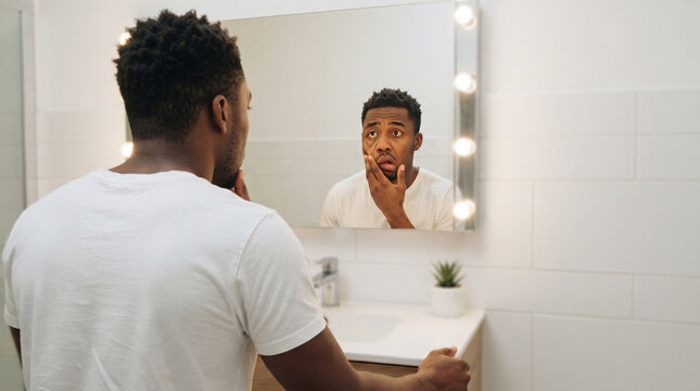 Young black man mirror bathroom shaving concern stress risk factors stroke alert face skin care