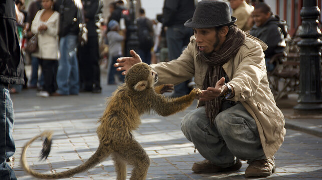 Street performer with dancing monkey on city street