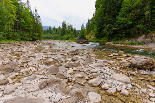 Rocky Riverbed in Ammer Gorge at Scheibum with Forested Slopes