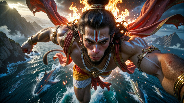 Hanuman Flying Above Ocean with Fiery Aura